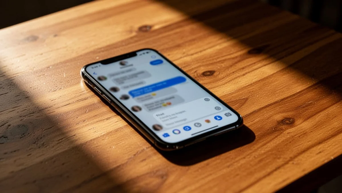 Smartphone screen displaying Viber chat conversation still visible after deleting the contact, with focus on the open blurred message window, single phone on wooden table in cinematic style with dramatic lighting.
