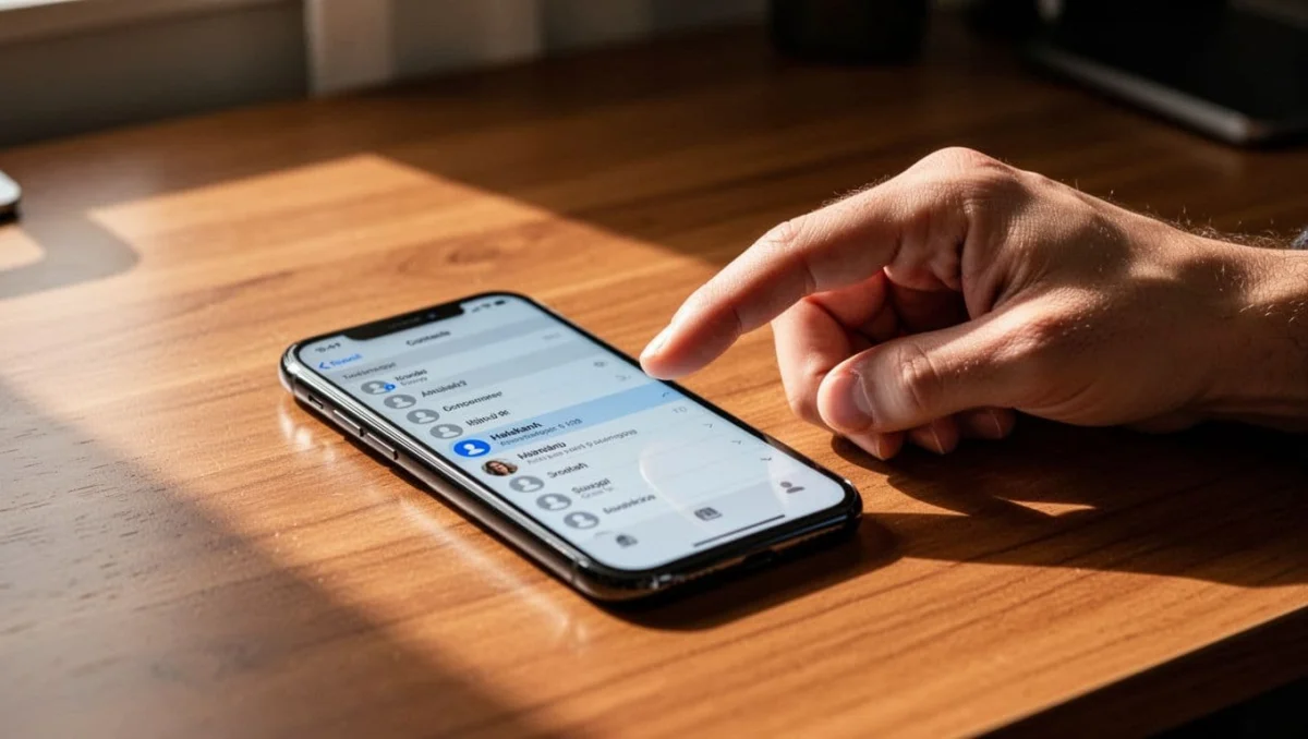 Smartphone screen on wooden desk displays Viber contacts with a deleted contact reappearing due to sync problem, finger pointing at the name.