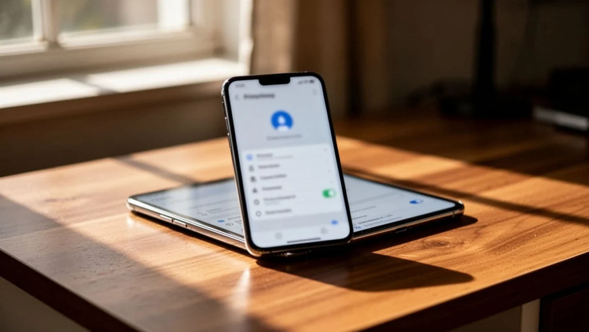 Smartphone screen showing Viber settings menu for contacts and blocking options, on a wooden desk in a cozy room with close-up cinematic style, dramatic lighting, and depth of field.