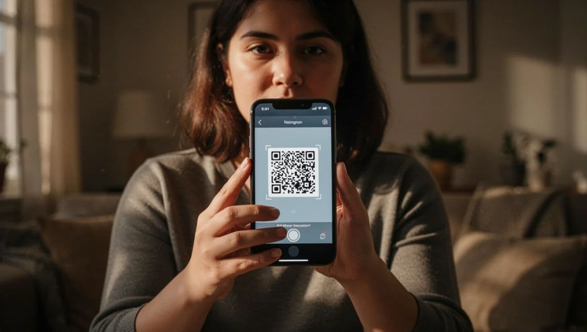 A person naturally holds a smartphone at an angle to scan a Viber QR code for re-adding a contact, in a cozy room with soft background and cinematic dramatic lighting.