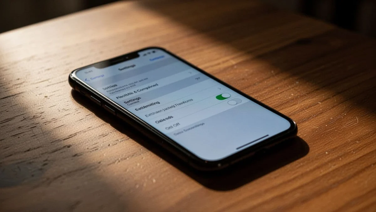 An iPhone on a table displays the Viber privacy settings screen with contact sync turned off, captured in cinematic dramatic lighting with high contrast and depth of field.