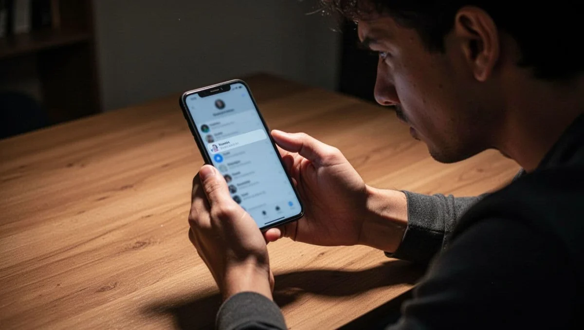 A frustrated person holds a smartphone displaying the Viber contacts screen where a deleted contact has reappeared due to a sync issue, on a wooden desk with cinematic style, strong contrast, depth of field, and dramatic lighting.