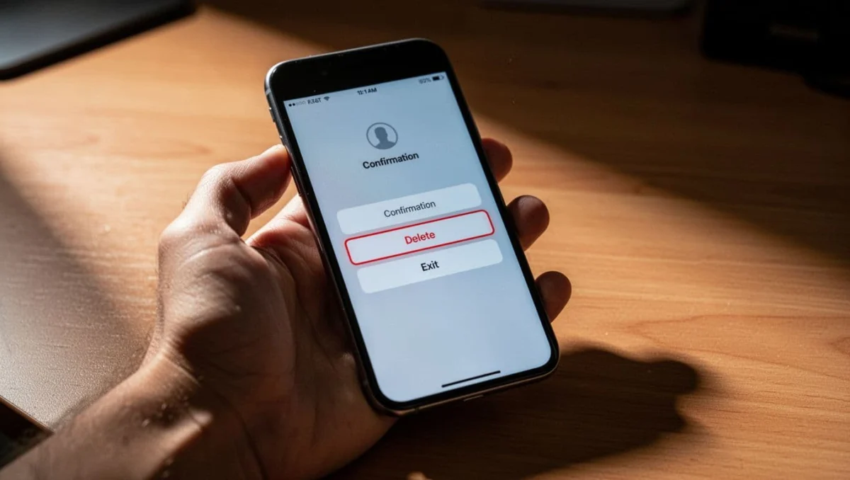 Smartphone screen showing Viber app open to a group chat with menu options for delete or exit, held in hand on a desk in cinematic style with strong contrast, depth, and dramatic lighting.
