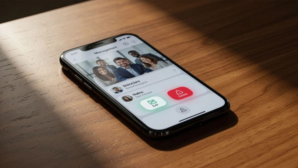 Close-up iPhone screen showing Viber group info with exit and delete options selected on wooden table, cinematic style with strong contrast and dramatic lighting.
