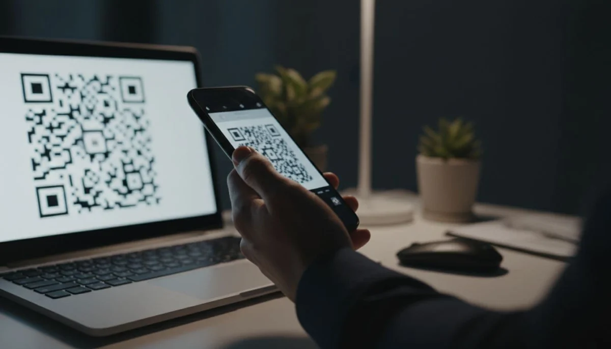 A hand holds a smartphone attempting to scan the WhatsApp Web QR code on a laptop screen in a modern desk setup with dim lighting causing the failure, cinematic style with dramatic side lighting.