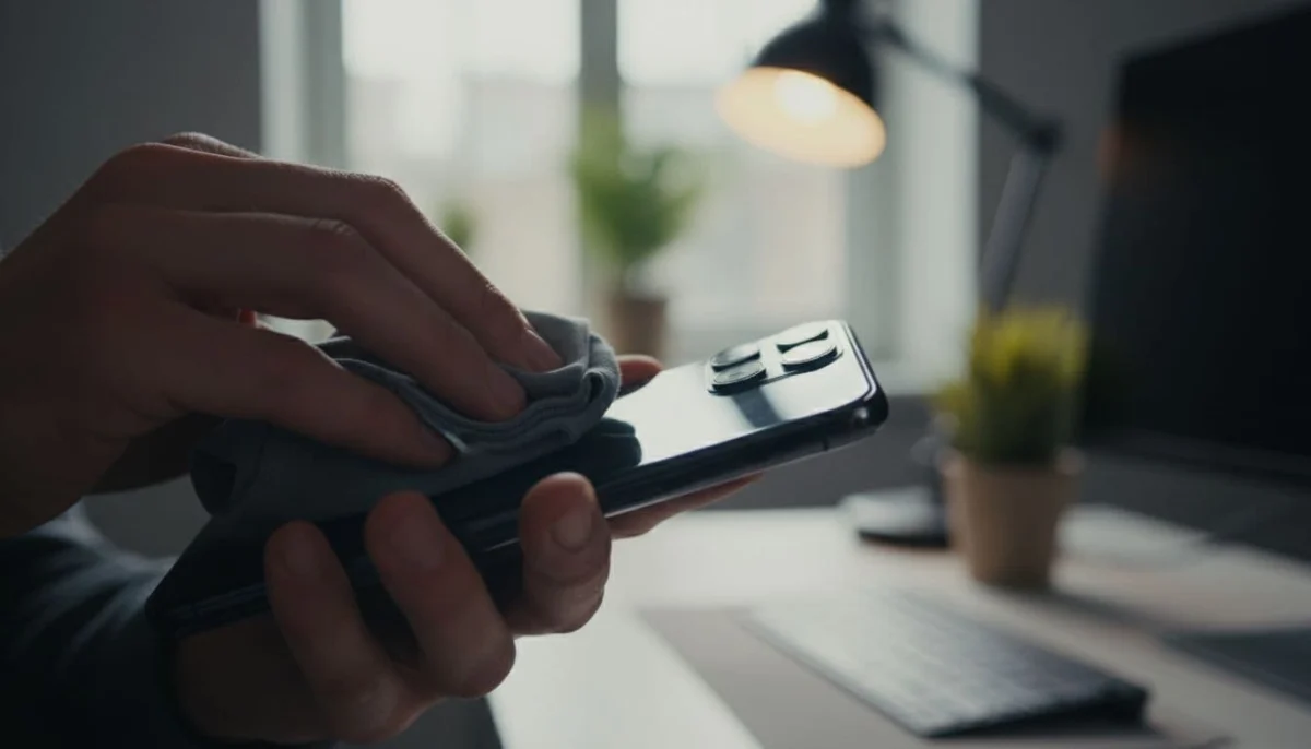 Close-up of a hand gently wiping a smartphone camera lens with a microfiber cloth against a soft office background, featuring cinematic style with strong contrast and dramatic lighting.