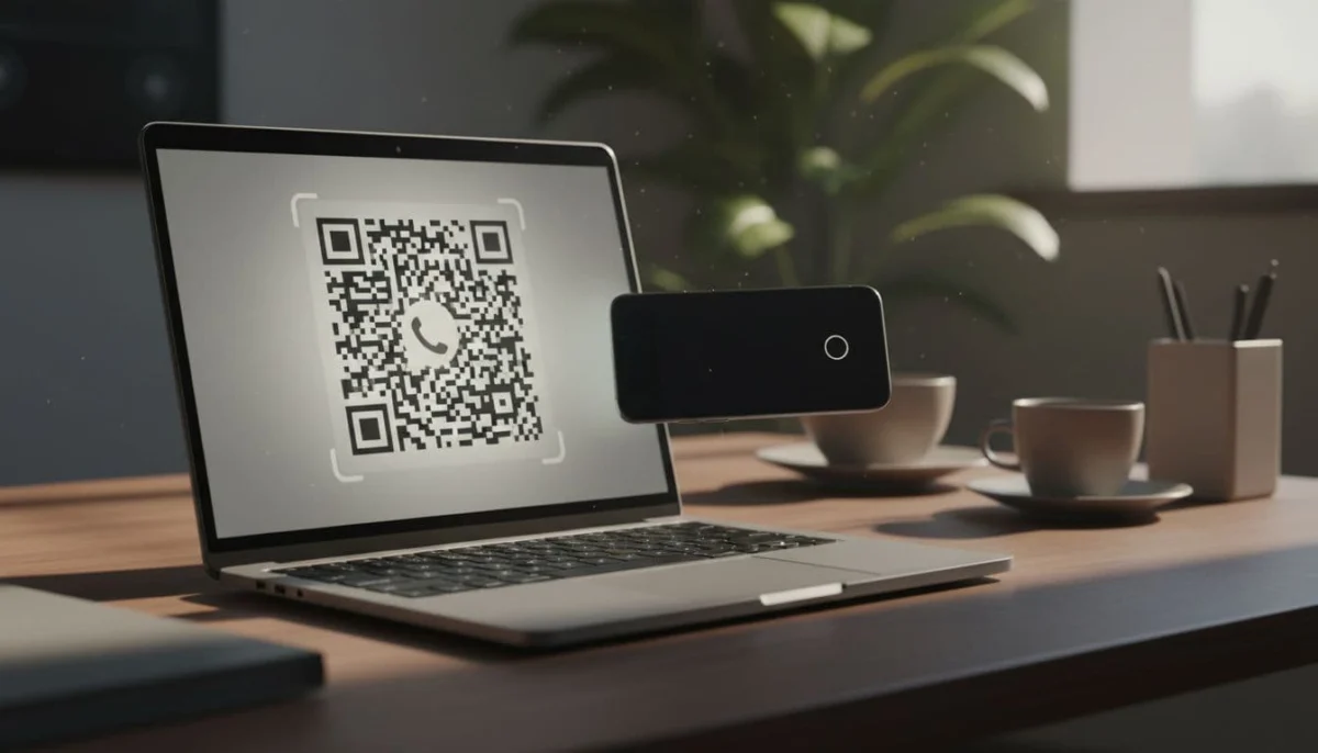 Laptop screen shows a refreshed WhatsApp Web QR code with a smartphone nearby ready to scan, in a bright well-lit modern workspace featuring cinematic strong contrast and depth of field.