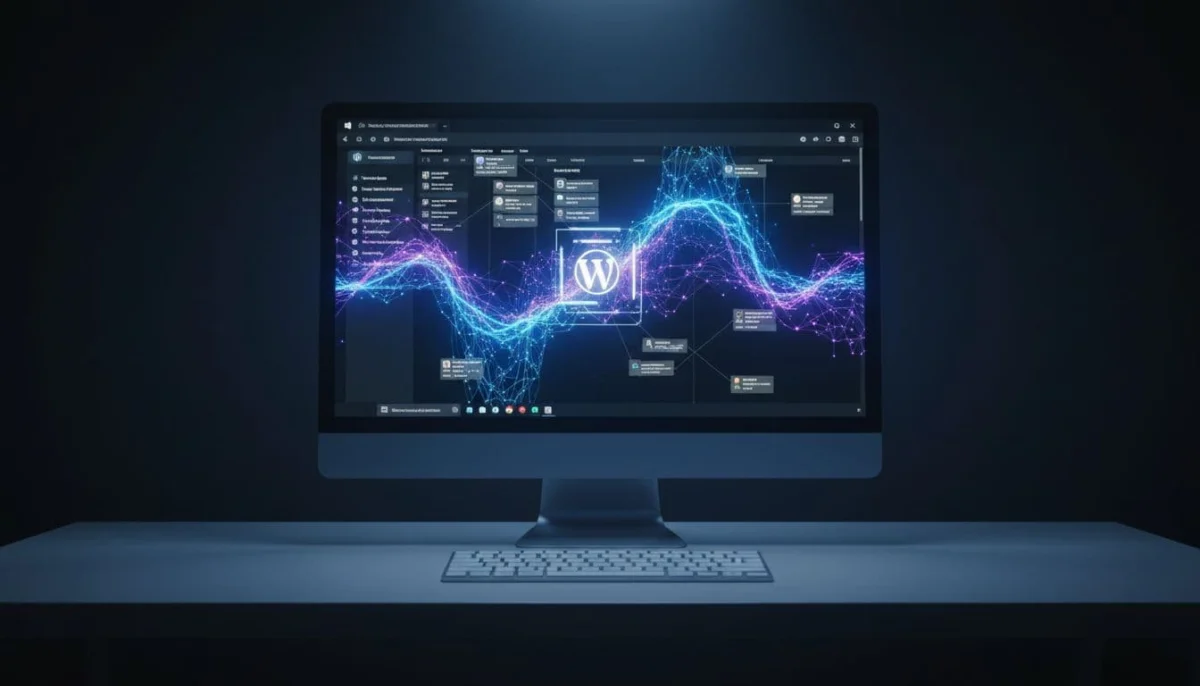 Abstract visualization of glowing neural networks connecting to the WordPress block editor interface on a sleek computer screen in a modern office setting.