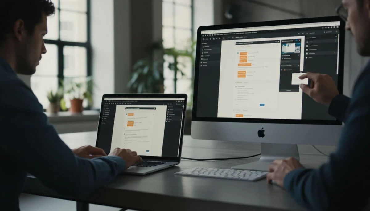 Two people collaborating on a WordPress site in real-time, one editing text on a laptop screen and the other adjusting layout on a desktop, with shared modern workspace and dual synced screens.