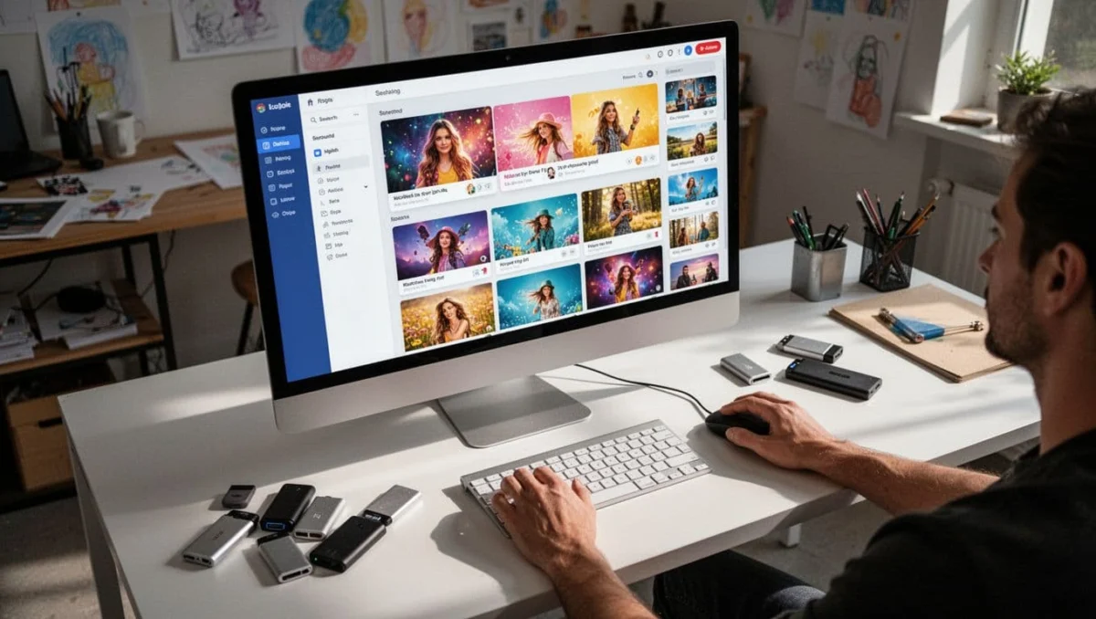 User uploading and arranging heavy media assets like high-res images and videos in a modern WordPress media library and layout editor on a large monitor in a creative studio.