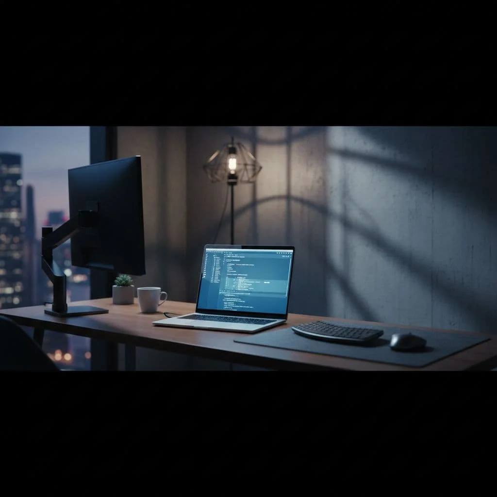 A single laptop sits on a clean desk displaying a blurred code interface in ambient lighting.