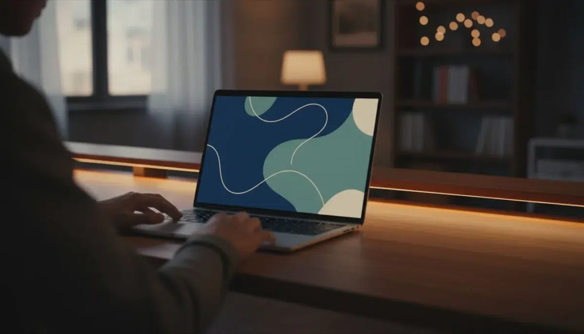 Thin laptop screen on wooden desk in dimly lit room displays clean minimalist Canva interface, hands resting nearby.