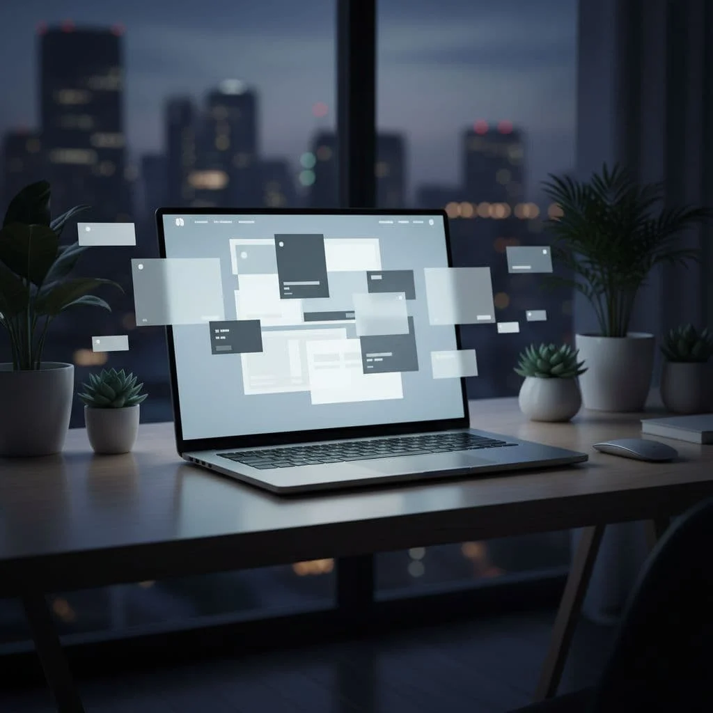 A clean desk featuring a laptop displaying a minimalist website layout under dramatic lighting.