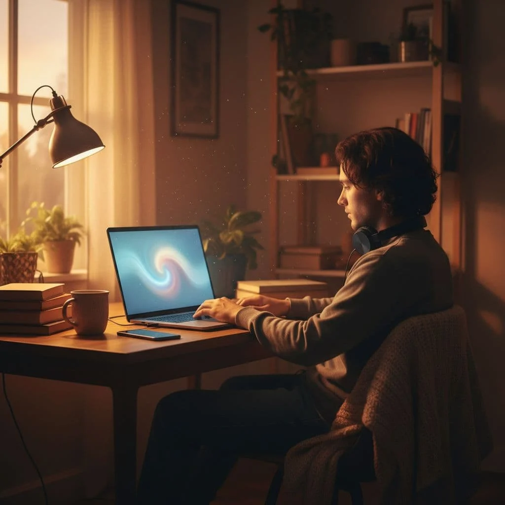 A person sits at a desk in a warm room, browsing on a laptop.