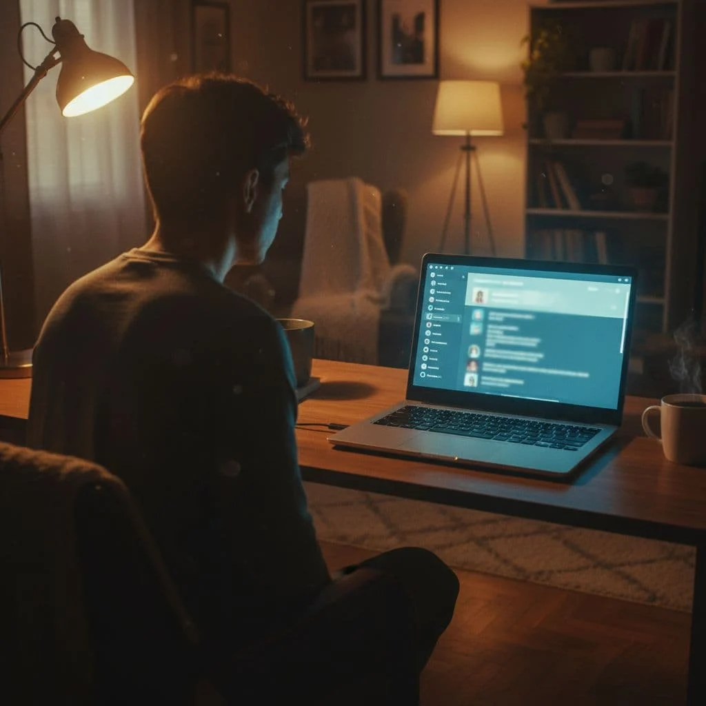 A person sits at a desk viewing a clean and organized Discord interface on a laptop.