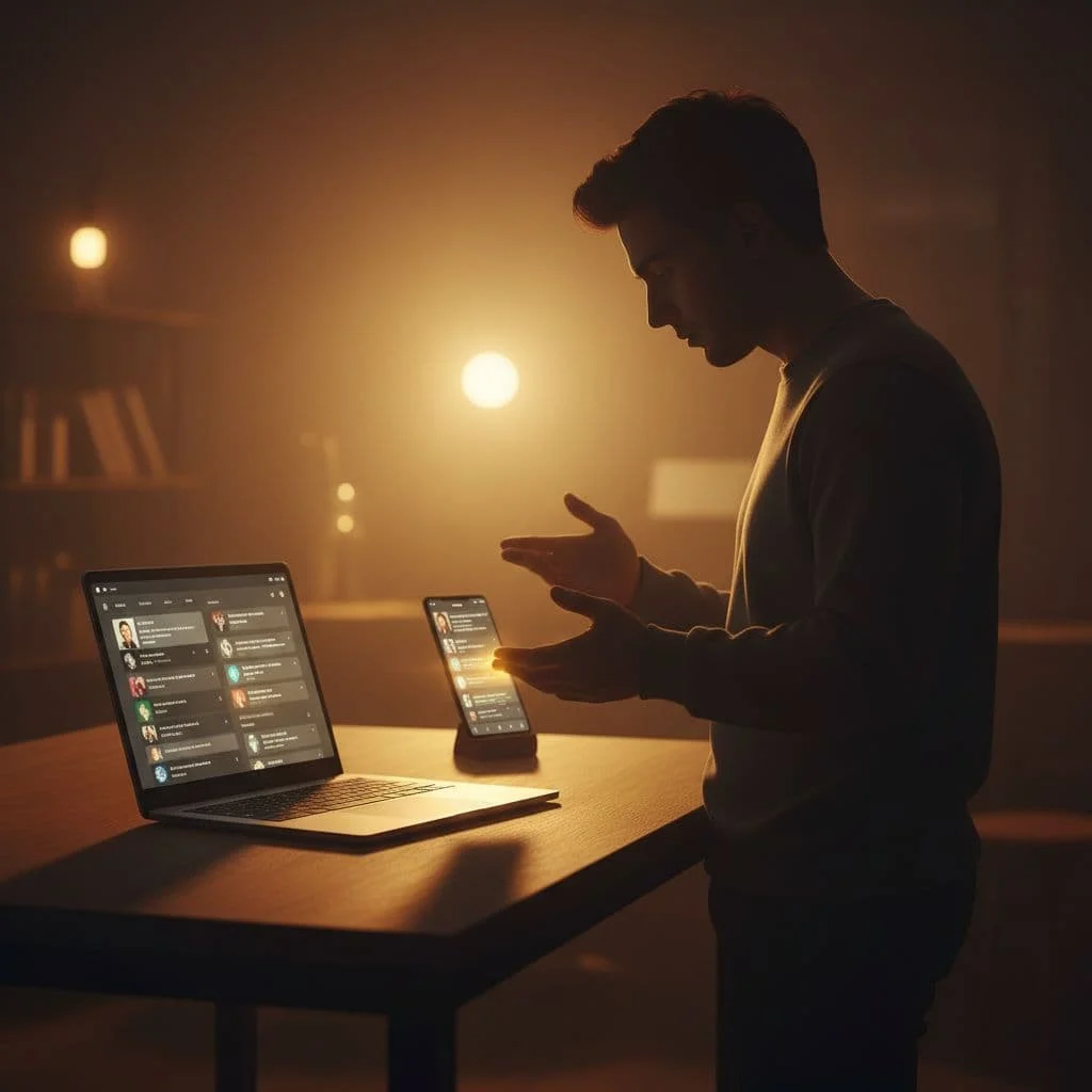 A person stands at a desk deciding between using a laptop or a smartphone.