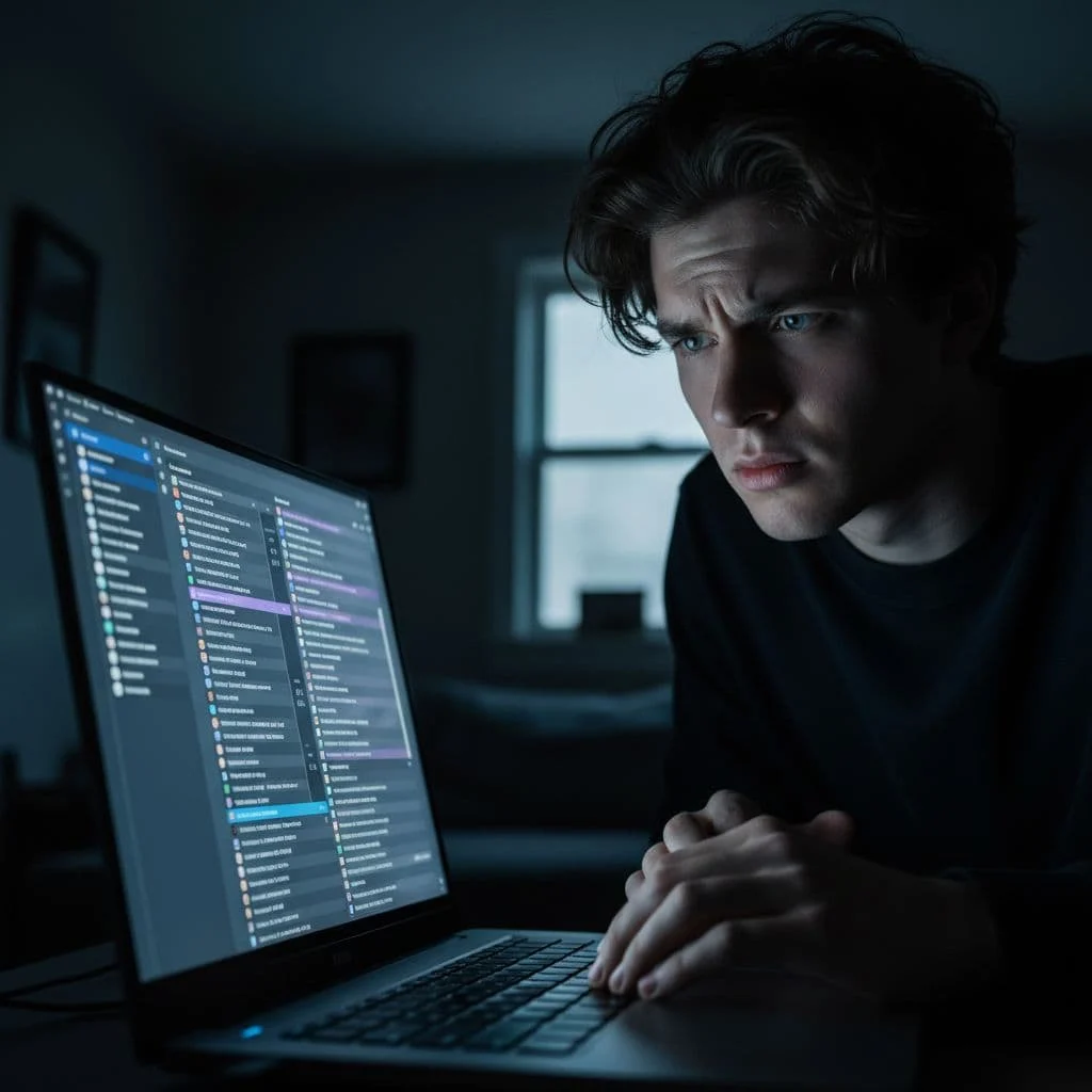 A person looks at their laptop screen with a frustrated expression in a dimly lit room.