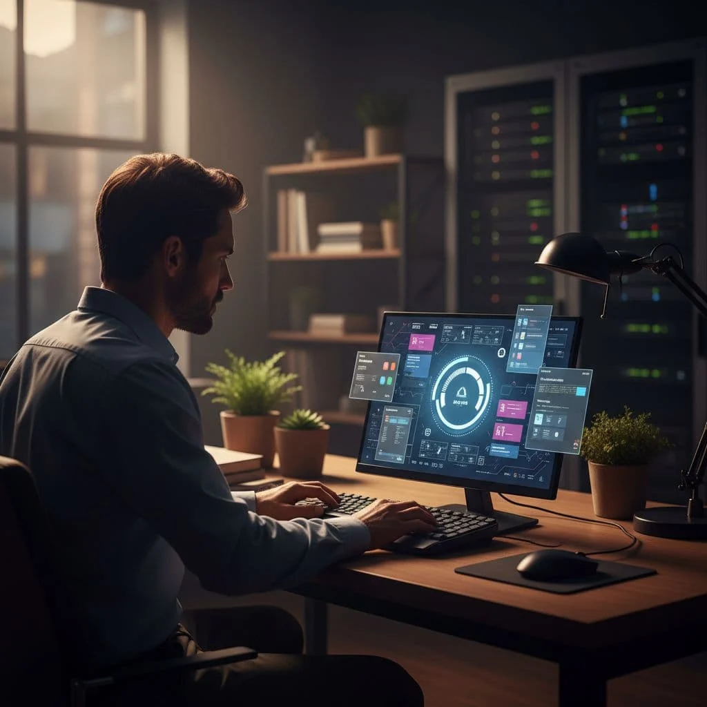 A person sits at a desk focusing intently on a laptop screen for task management.