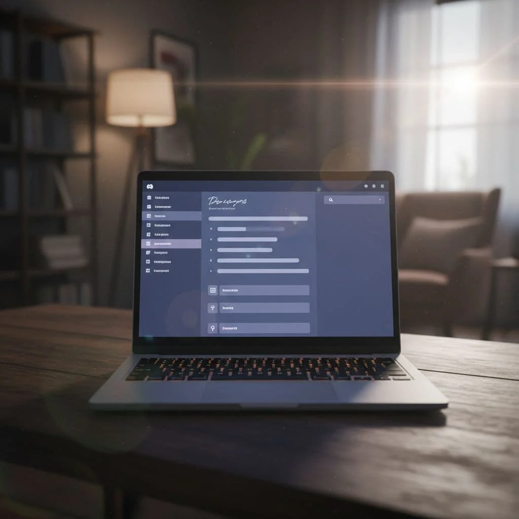 A laptop screen displays an organized Discord interface on a wooden desk within a cozy, dimly lit room.