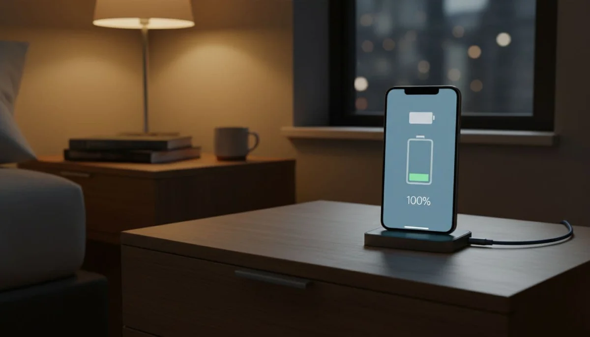 Modern smartphone plugged into charger on wooden nightstand in dimly lit bedroom, screen at 100% battery with blue glow.