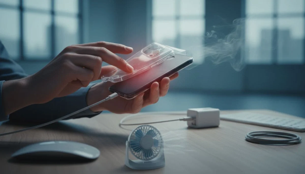 Two hands peel the case off a charging smartphone on a simple office desk.