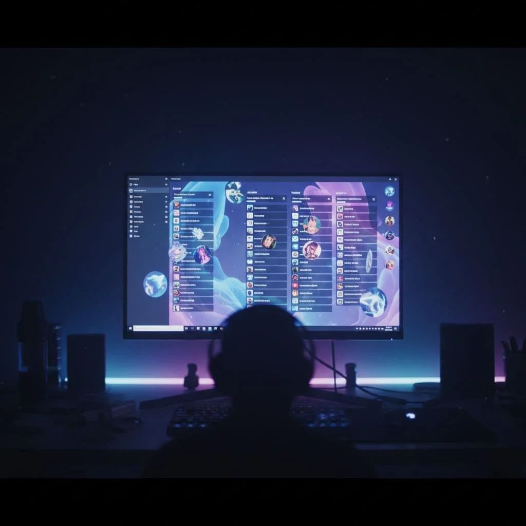 A glowing computer monitor displays a stylized Discord interface with blue and purple ambient lighting.