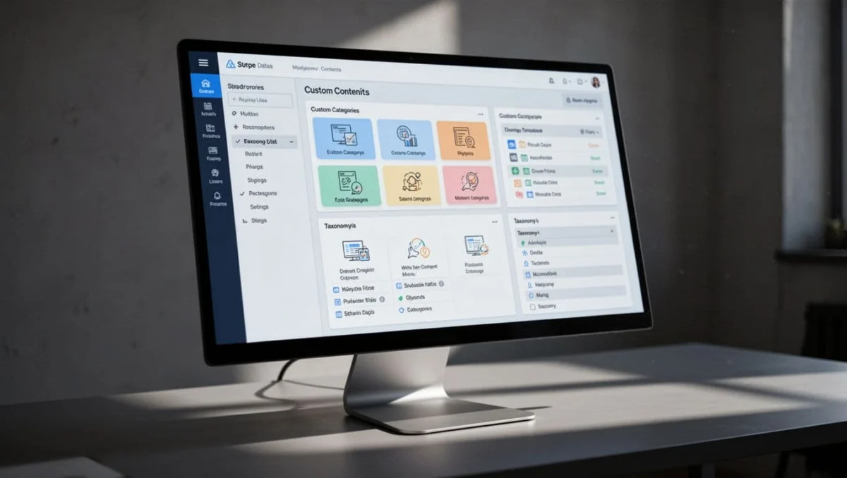 Angled desktop screen shows WordPress admin dashboard with ACF post types for Properties and Estate Agents, Property Types taxonomy, and sidebar field groups.