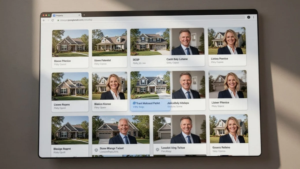 Desktop browser at slight angle shows grid of property cards with exterior images, titles, GBP prices, types, and agent photos.