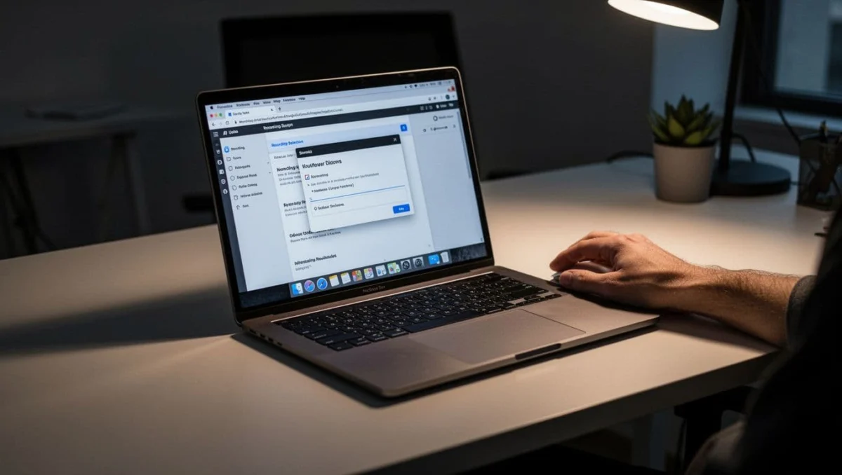 Laptop on office desk shows Chrome with Videomule extension selecting recording window, hand on mouse.