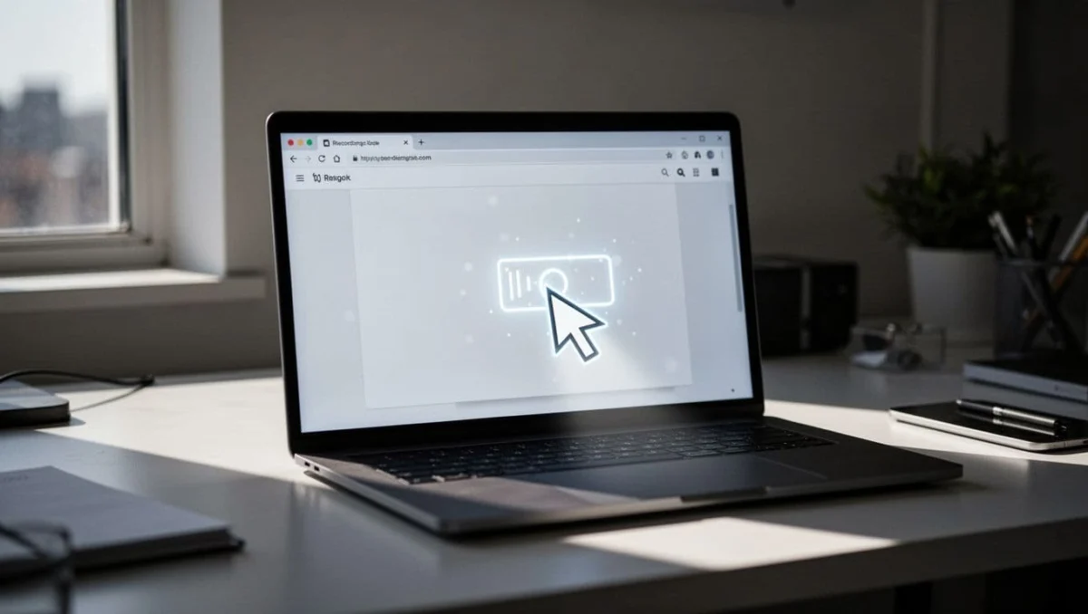 Laptop on workspace displays Screenity interface in live recording with highlight tool on element, blurred sensitive area, and cursor spotlight.