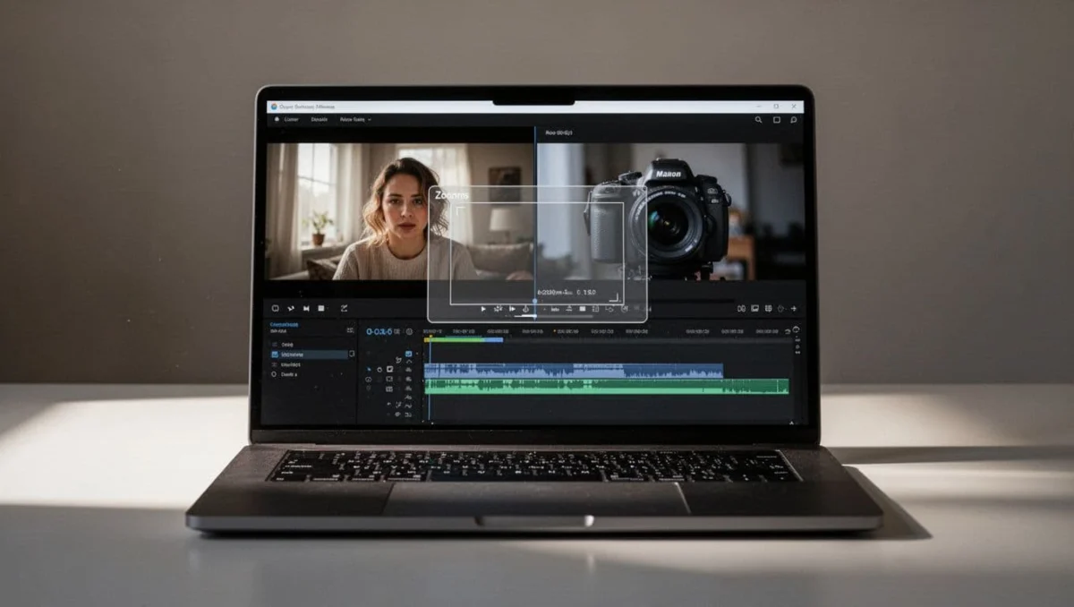 Laptop screen displays Tella video editor dashboard featuring timeline, side-by-side layout, zoom layer, and background options.