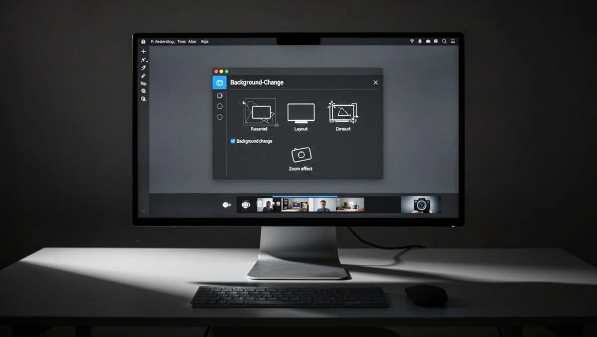 Modern computer setup displays Focusee app window with video preview, background change option, layout icons, zoom effect, and camera bar.
