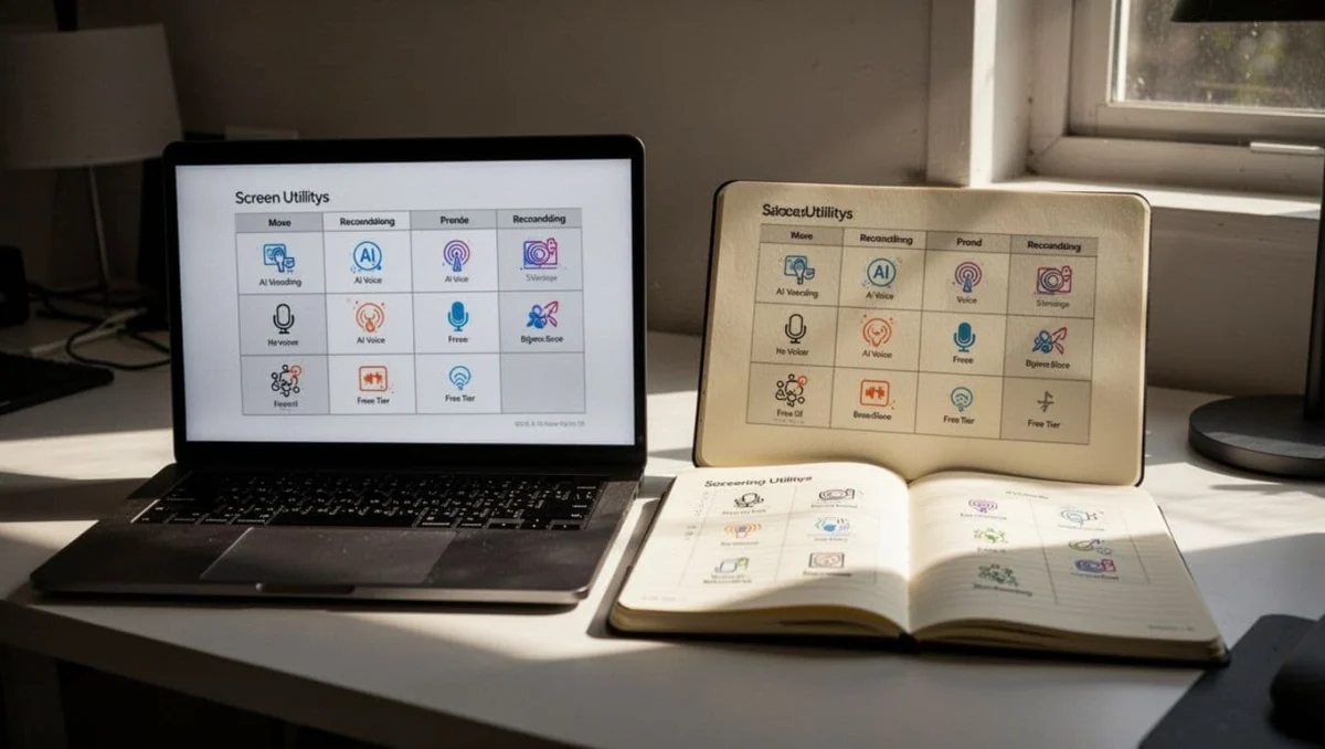 Notepad with icon-based comparison table for screen recording tools next to laptop on clean workspace.