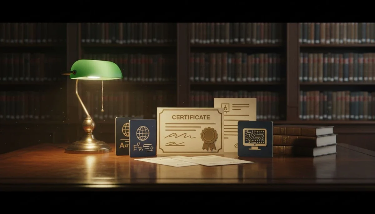 Diplomas, master's certificate, proficiency papers and computer icons arranged on wooden library table with books background under warm lamp light.