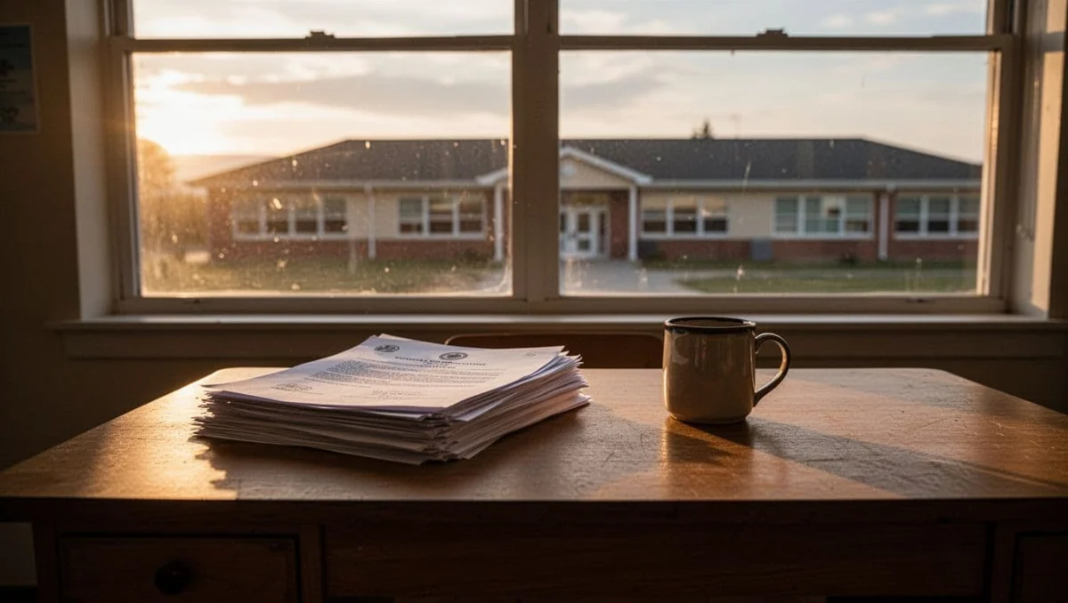 Stack of school contracts and calendar on teacher's desk with notepad and mug, remote school through sunset window.