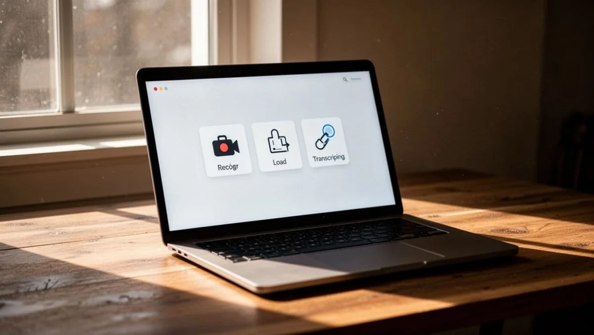 Laptop on wooden desk shows clean Vibe app interface with top buttons and bottom transcribe button.