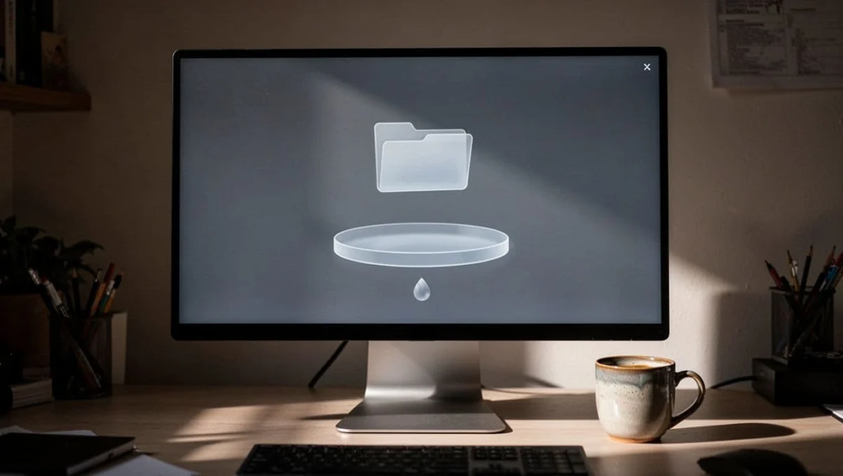 Desktop monitor in home office displays blurred Vibe app with audio file icon hovering over transcription drop zone, coffee mug nearby.