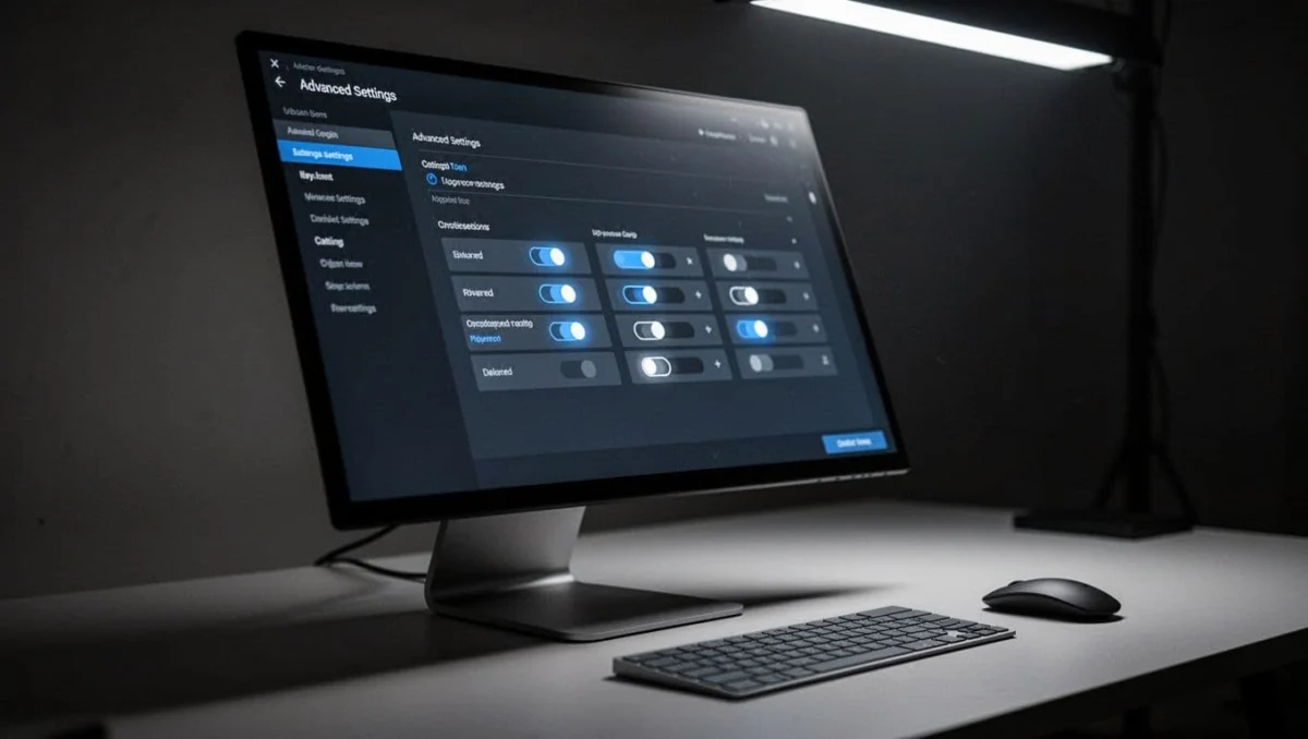 Close-up of PC screen displaying Vibe app advanced settings panel with toggles, keyboard and mouse in modern workspace.