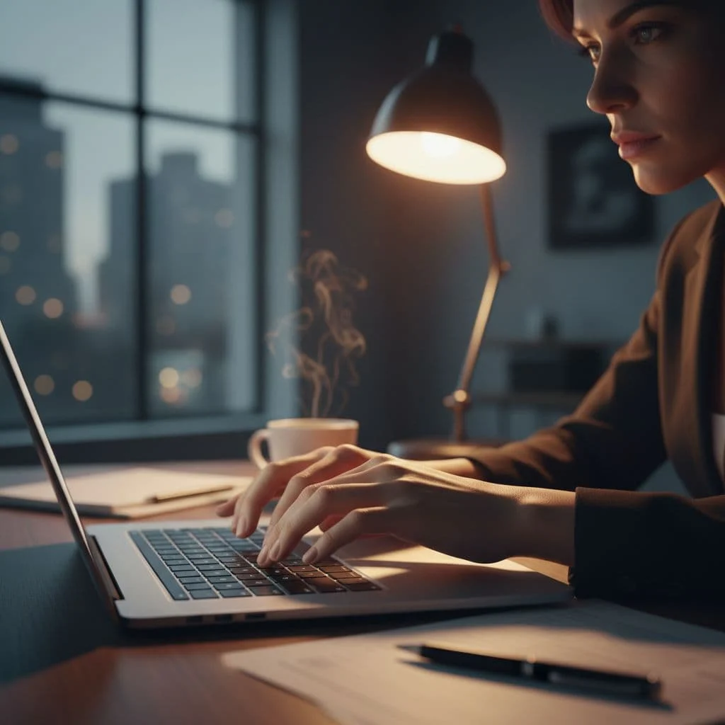 Close-up view of hands typing on a laptop keyboard in a warm, dimly lit office.