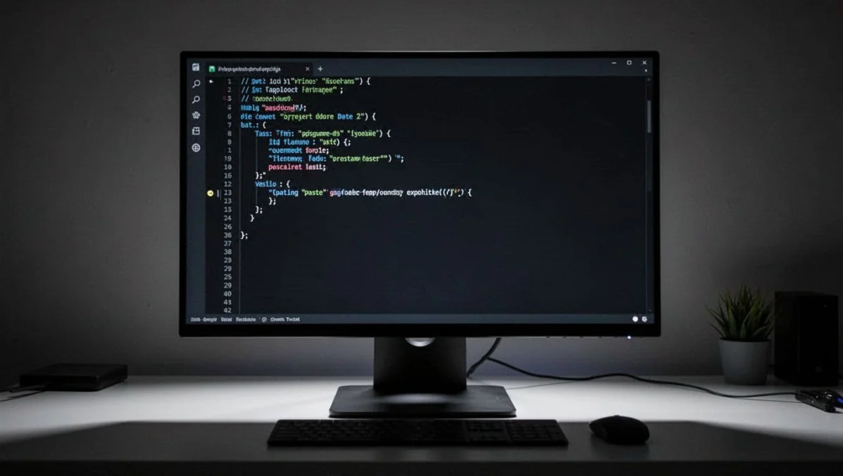 Computer screen shows terminal running Claude Code install command in dark mode on clean desk.