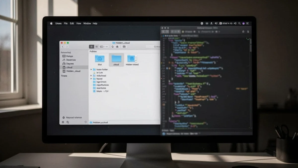 macOS Finder window shows hidden .cloud folder with settings.json open in TextEdit, JSON blurred.