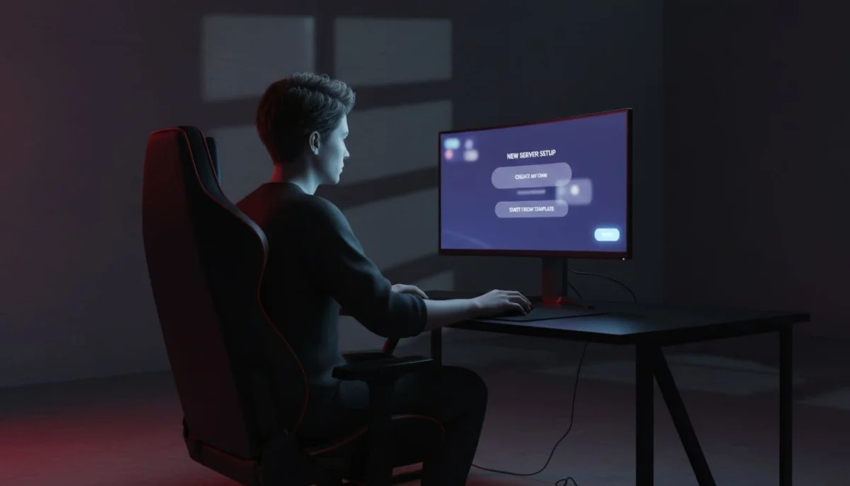 A person sits at a desk in a darkened room, configuring server settings on a computer monitor.