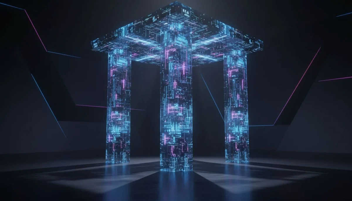 Four illuminated vertical pillars support a complex digital structure against a dark minimalist background.