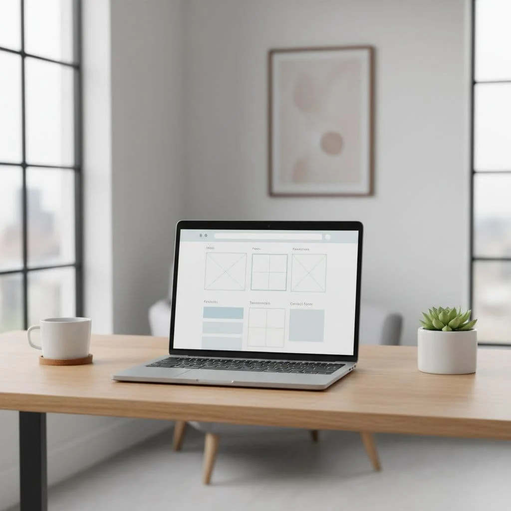 A clean modern desk features a laptop displaying a web design layout in soft daylight.