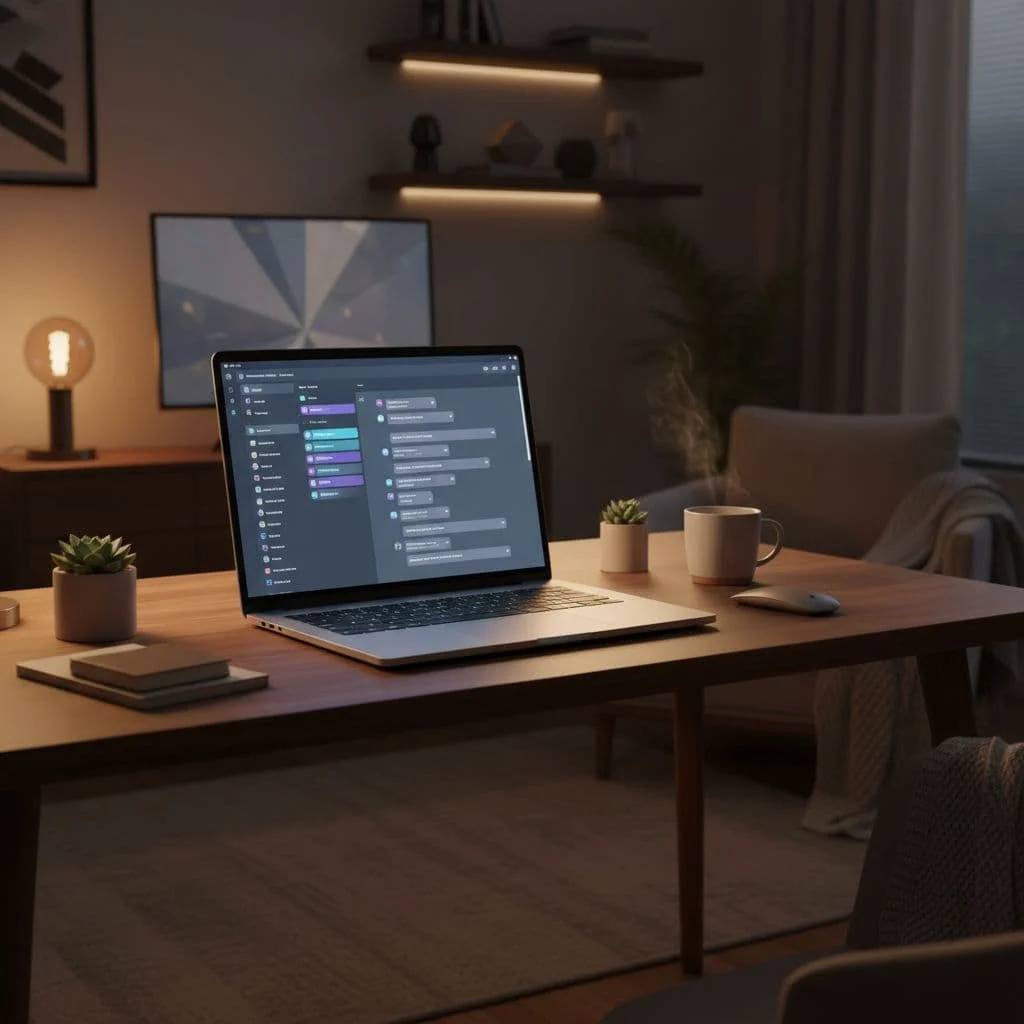 A clean modern desk features an open laptop displaying a digital communication interface under warm lighting.