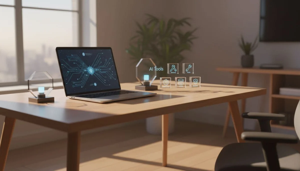 A laptop sits on a clean wooden desk illuminated by soft morning sunlight.