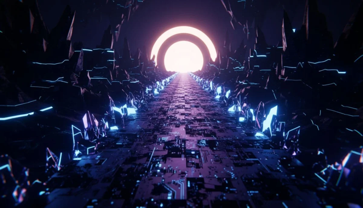 A glowing digital path extends through dark space toward a distant bright light.