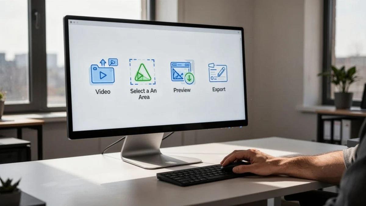 Computer screen shows steps for video upload, watermark selection, preview, and export in web app, hand on mouse in office.