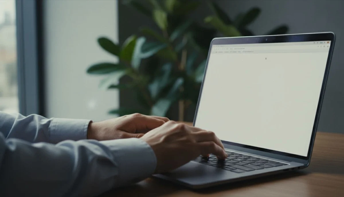 Close-up of hands typing on laptop word processor screen in modern office with plants and window light.