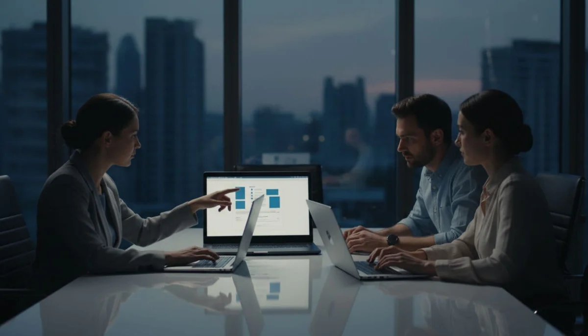 Three colleagues around a table with laptops in a bright conference room, one pointing at screen.